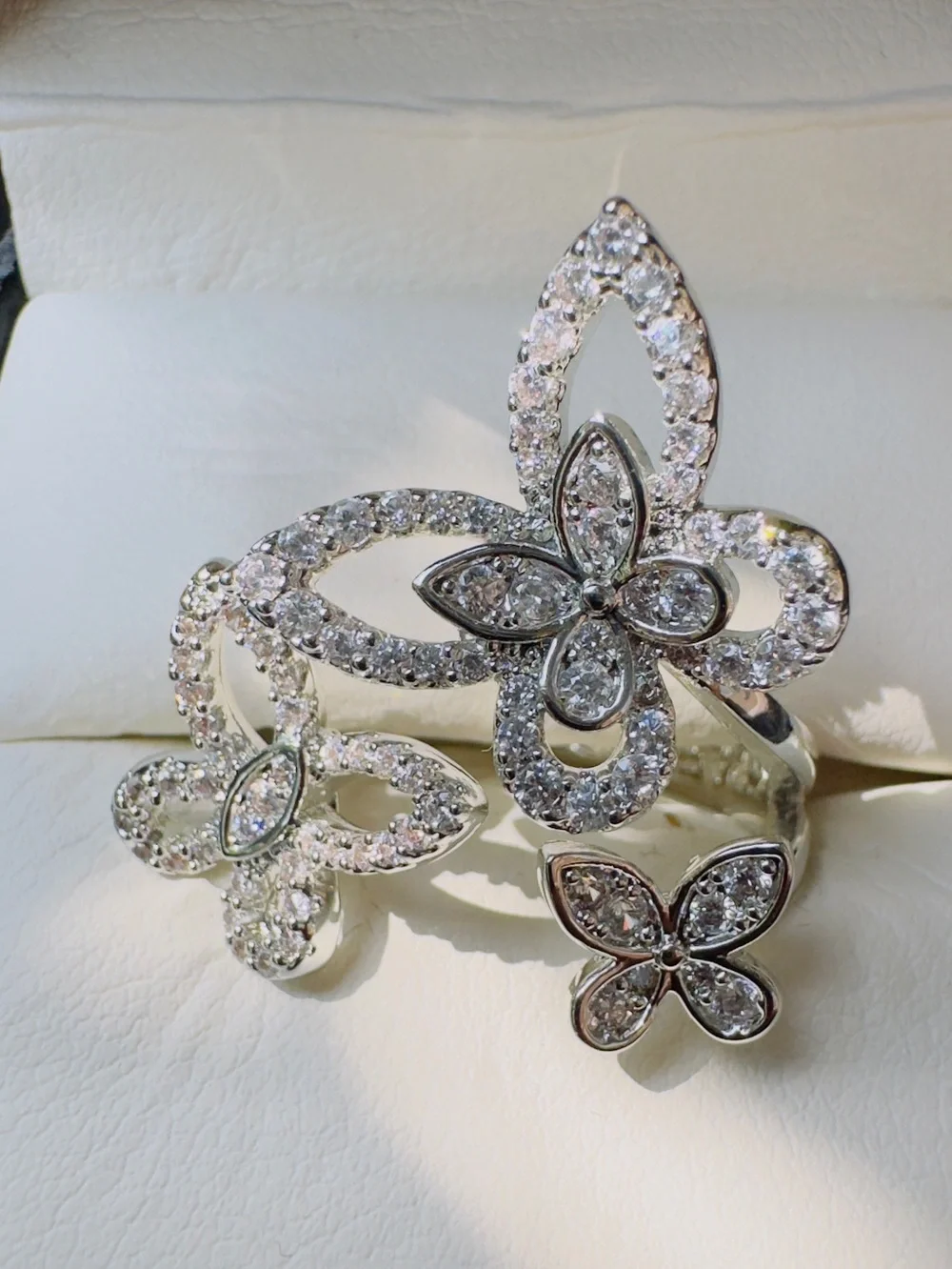 Crystal Butterfly Statement Ring - Silver Tone